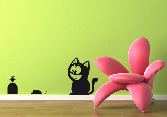 Sticker mural humoristique chat et souris Décorécébo