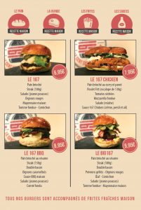 Flyer menu Le 167 Burger et salades restaurant Nancy